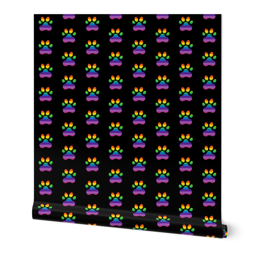 Pawprint Polka dots - 1 inch (2.54cm) - Rainbow on Black (#000000)