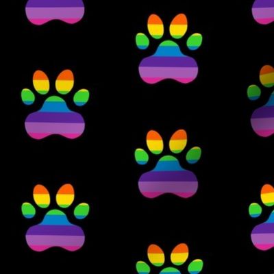 Pawprint Polka dots - 1 inch (2.54cm) - Rainbow on Black (#000000)