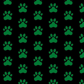 Pawprint Polka dots - 1 inch (2.54cm) - Deep Green (#007934) on Black (#000000)