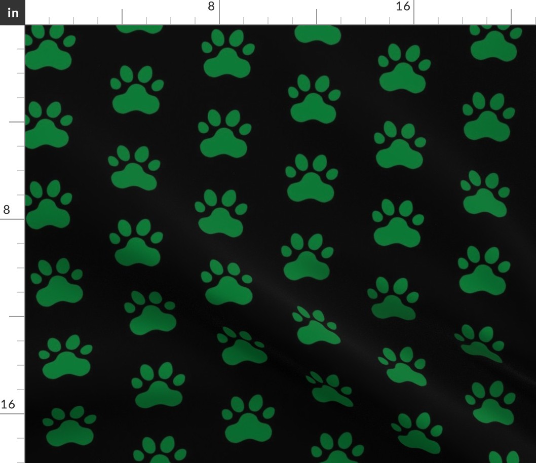 Pawprint Polka dots - 1 inch (2.54cm) - Deep Green (#007934) on Black (#000000)