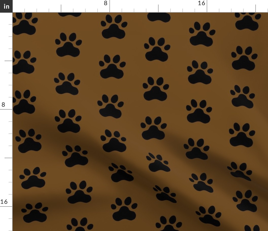 Pawprint Polka dots - 1 inch (2.54cm) - Black (#000000) on Dark Brown (#6E4A1C)