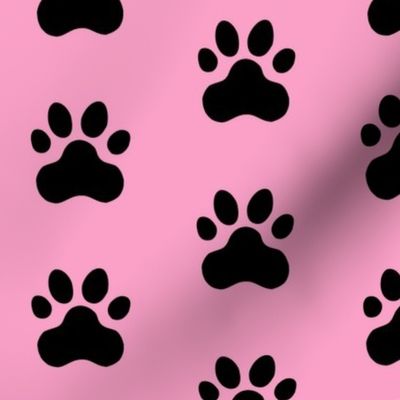 Pawprint Polka dots - 1 inch (2.54cm) - Black (#000000) on Light Pink (#FBA0C6)