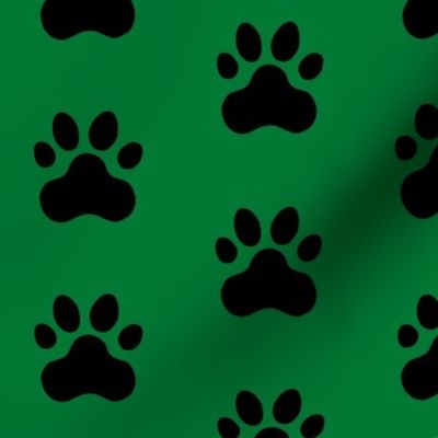 Pawprint Polka dots - 1 inch (2.54cm) - Black (#000000) on Deep Green (#007934)