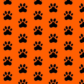Pawprint Polka dots - 1 inch (2.54cm) - Black (#000000) on Mid Orange (#FF5F00)