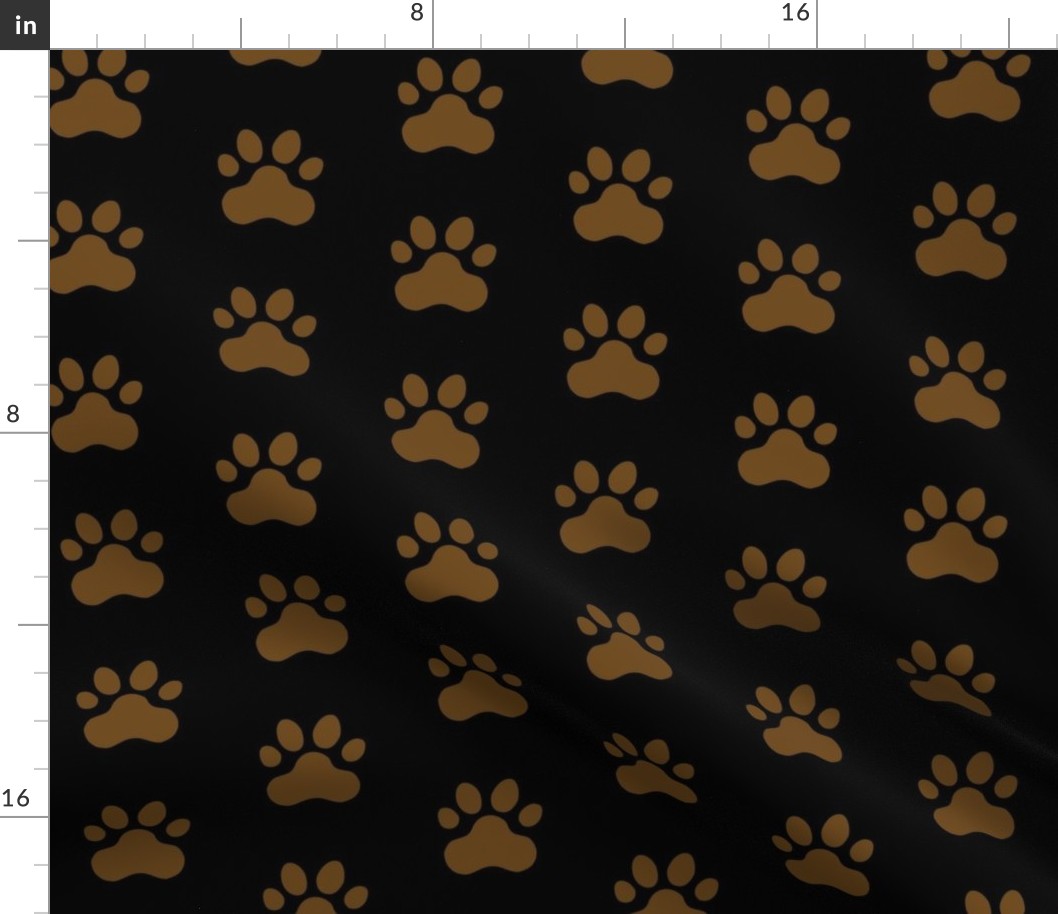 Pawprint Polka dots - 1 inch (2.54cm) - Dark Brown (#6E4A1C) on Black (#000000)