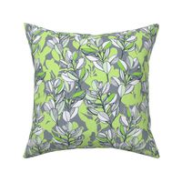 leaf and berry sketch pattern in lime green and grey