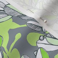 leaf and berry sketch pattern in lime green and grey