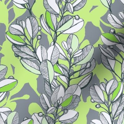 leaf and berry sketch pattern in lime green and grey