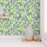 leaf and berry sketch pattern in lime green and grey