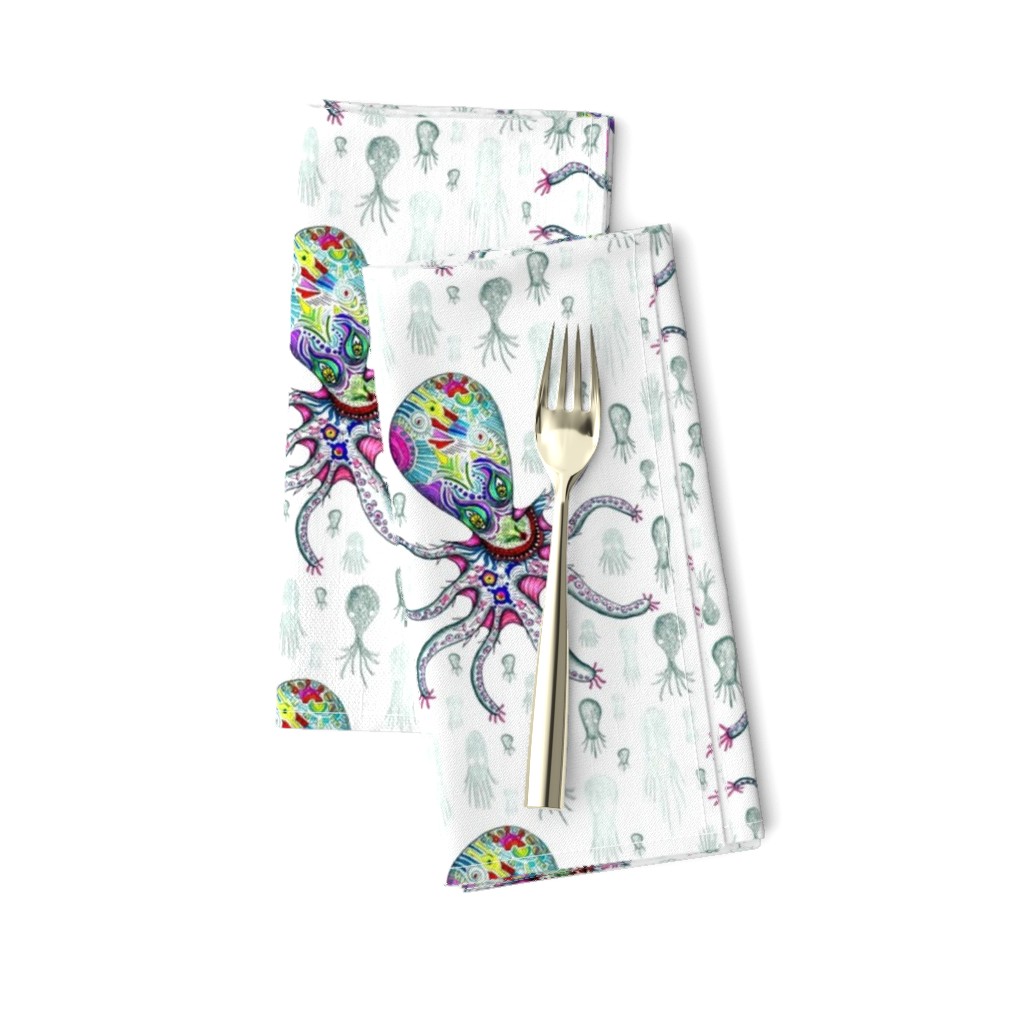 colorful quirky octopus, large scale, white green rainbow