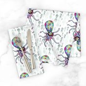 colorful quirky octopus, large scale, white green rainbow