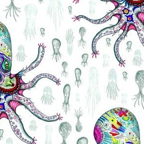 colorful quirky octopus, large scale, white green rainbow