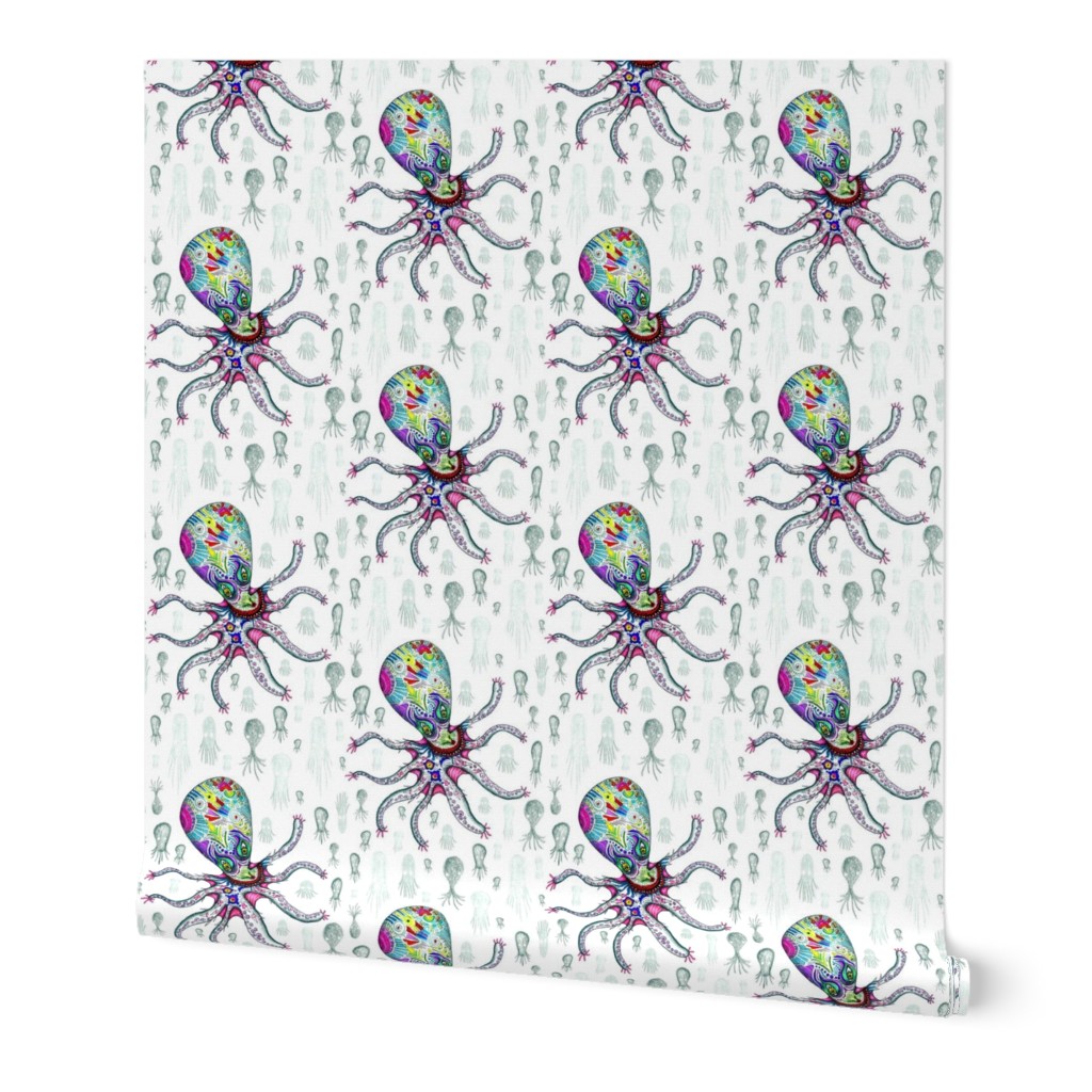 colorful quirky octopus, small scale, white green rainbow