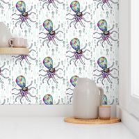 colorful quirky octopus, small scale, white green rainbow