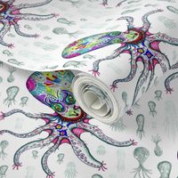 colorful quirky octopus, small scale, white green rainbow