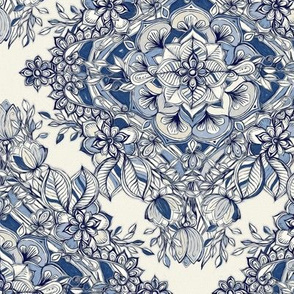 Floral Diamond Doodle in Navy Blue and Cream