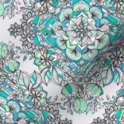 Floral Diamond Doodle in Mint Green, Turquoise and Grey