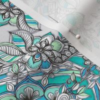 Floral Diamond Doodle in Mint Green, Turquoise and Grey