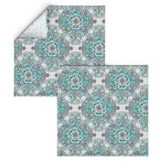 Floral Diamond Doodle in Mint Green, Turquoise and Grey