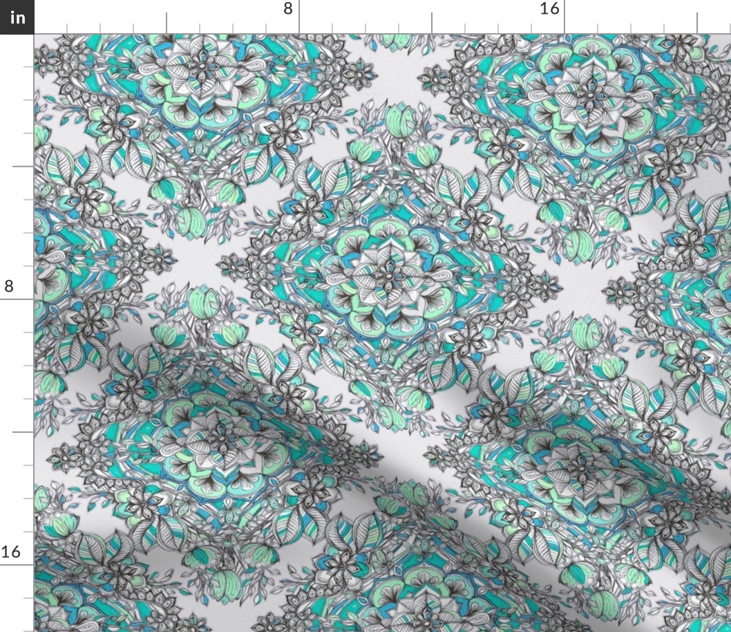 Floral Diamond Doodle in Mint Green, Turquoise and Grey