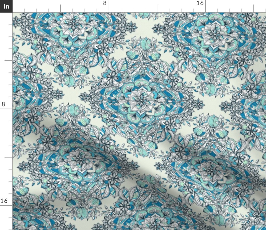 Floral Diamond Doodle in Teal and Turquoise