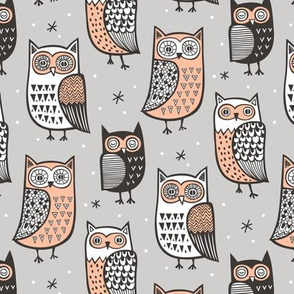 Owls Owl Woodland Fall Winter Black&White on Grey