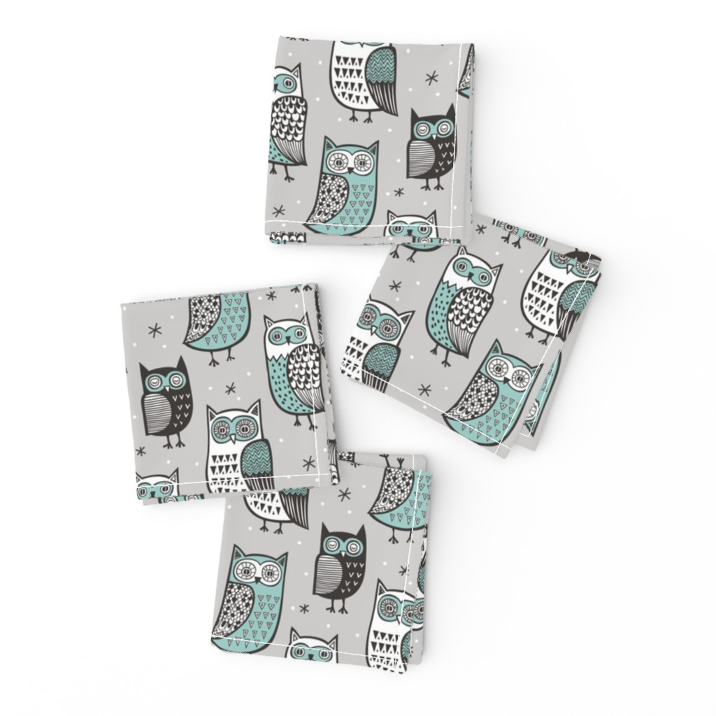 Owls  Owl Woodland Fall Winter Black&White Green on Grey