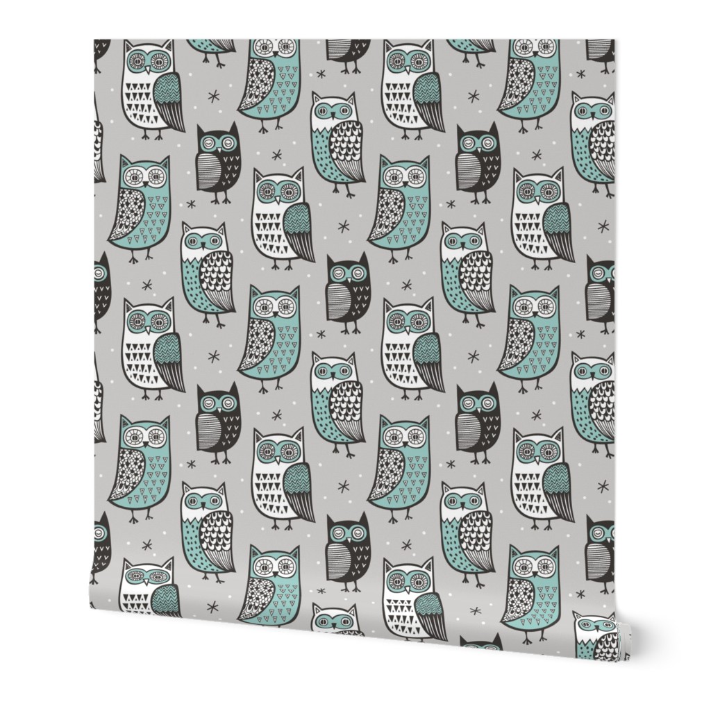 Owls  Owl Woodland Fall Winter Black&White Green on Grey