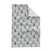 Owls  Owl Woodland Fall Winter Black&White Green on Grey