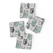 Owls  Owl Woodland Fall Winter Black&White Green on Grey