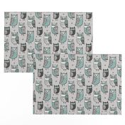 Owls  Owl Woodland Fall Winter Black&White Green on Grey