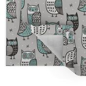 Owls  Owl Woodland Fall Winter Black&White Green on Grey