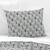 Owls  Owl Woodland Fall Winter Black&White Green on Grey