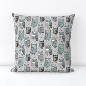 Owls  Owl Woodland Fall Winter Black&White Green on Grey