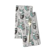 Owls  Owl Woodland Fall Winter Black&White Green on Grey