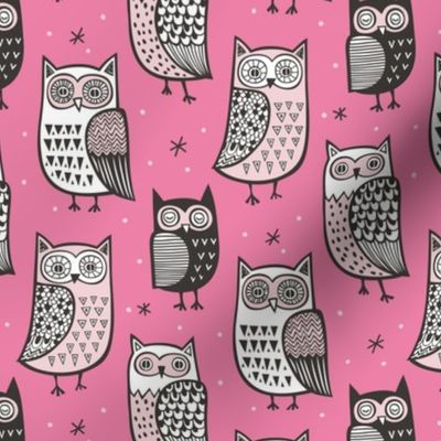 Owls Owl Woodland Fall Winter Black&White on Pink