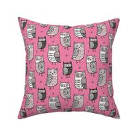 Owls Owl Woodland Fall Winter Black&White on Pink
