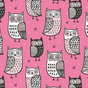 Owls Owl Woodland Fall Winter Black&White on Pink