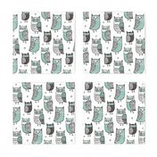 Owls Owl Woodland Fall Winter Black&White with Mint