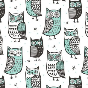 Owls Owl Woodland Fall Winter Black&White with Mint