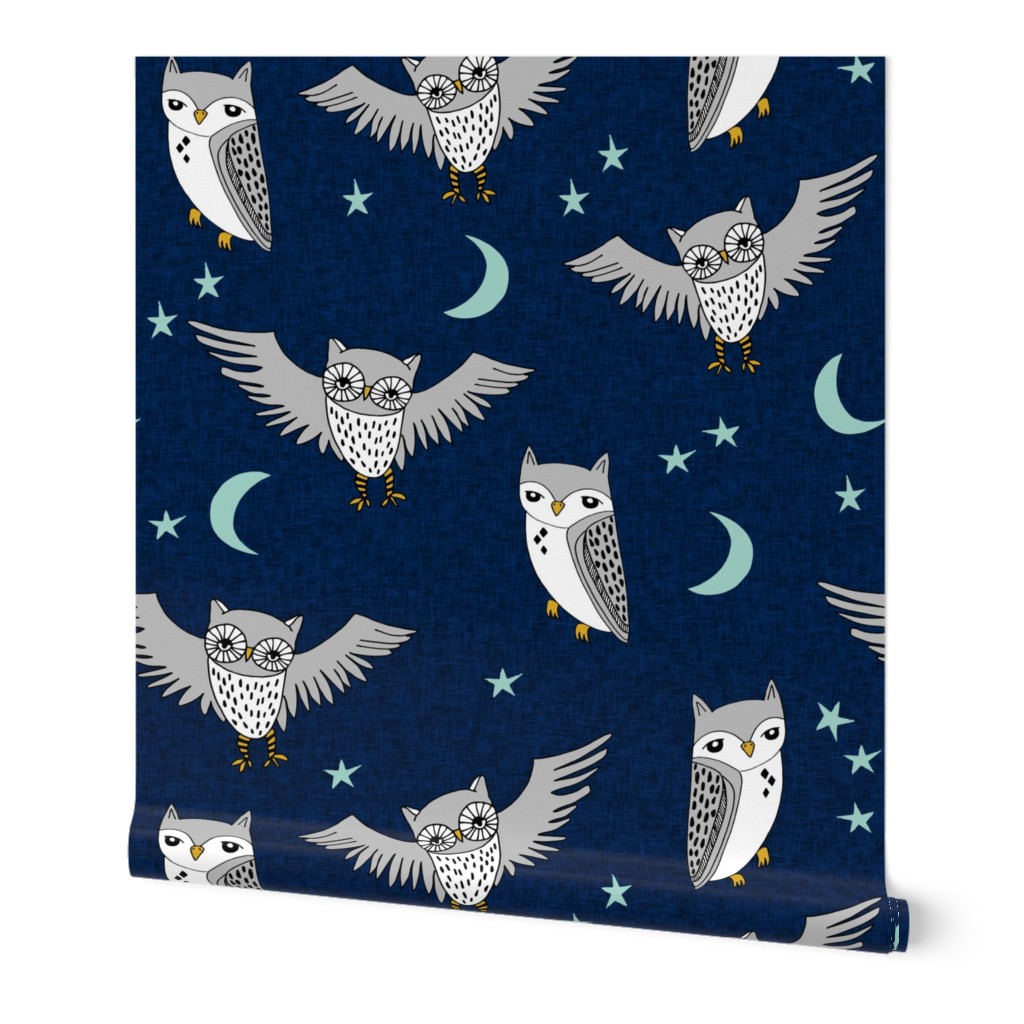 owl // moon stars sky night navy mint grey nursery cute 