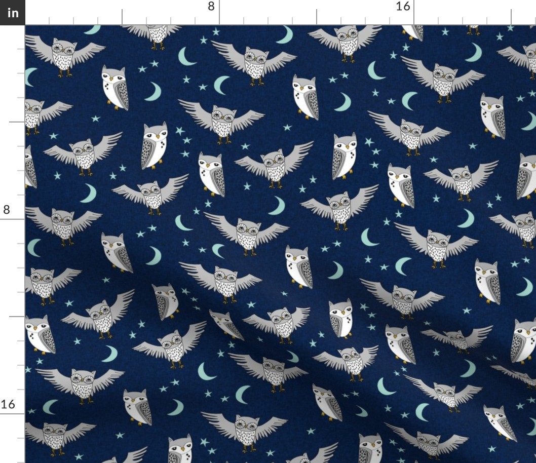 owl // moon stars sky night navy mint grey nursery cute 