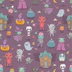 Autumn Halloween. Cute characters - vampire, zombie, dracula, pumpkin, witch, ghost, bat, devil, mummy, skeleton, owl black cat.