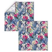 Painted Protea Floral - magenta and grey blue colorway