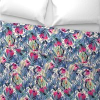 Painted Protea Floral - magenta and grey blue colorway