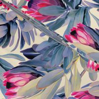 Painted Protea Floral - magenta and grey blue colorway