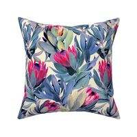 Painted Protea Floral - magenta and grey blue colorway