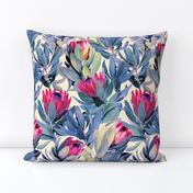 Painted Protea Floral - magenta and grey blue colorway