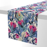 Painted Protea Floral - magenta and grey blue colorway