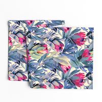 Painted Protea Floral - magenta and grey blue colorway